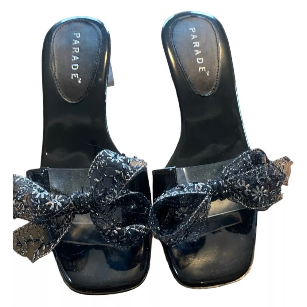Y2K Parade Sandals w/Clear Block Heel Black Sequined Bow Silver Accents. Sz. 7